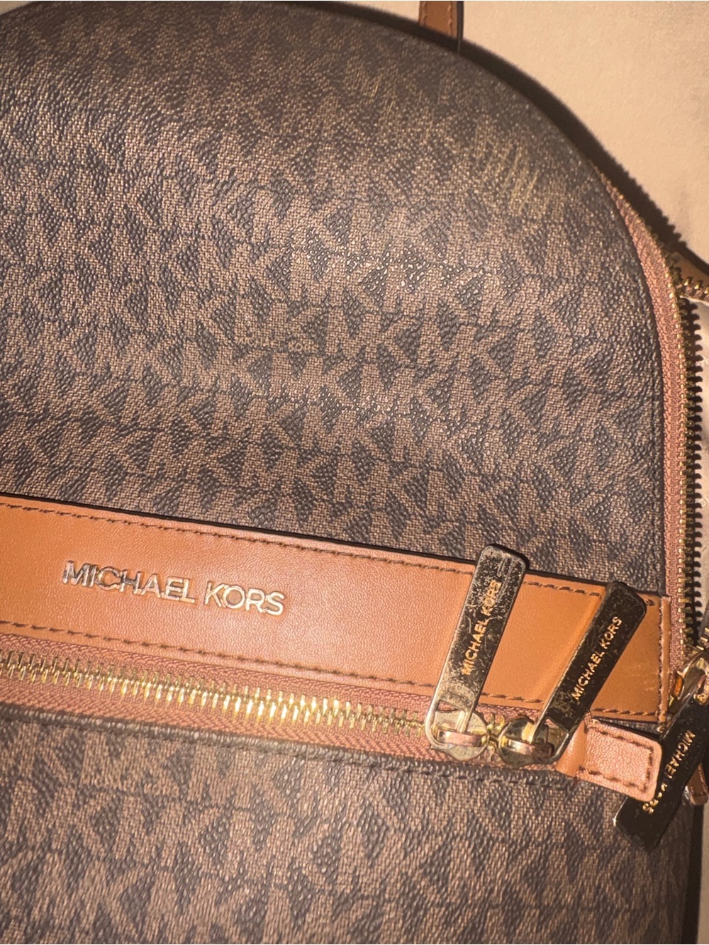 Michael Kors Brown Signature MK Logo Backpack with Tan Trim - Picture 3 of 12